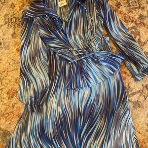 VINTAGE 1970s Rontirri Skirt & Blouse Blue Striped Set S